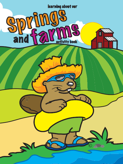 Cover of a coloring book with a beaver, water and farm land